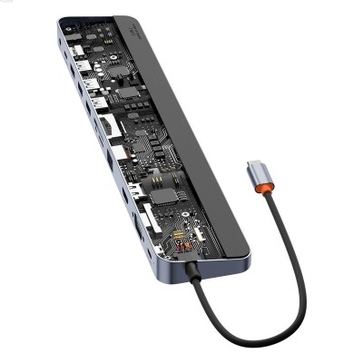 Baseus EliteJoy series Gen2 Hub 11 az 1-ben USB-C - 3xUSB 3.0 + USB 2.0 + USB-C PD + USB-C + RJ45 + HDMI + jack 3.5mm + SD/TF (szürke)