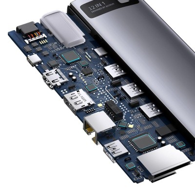 Baseus Metal Gleam hub 12 az 1-ben HDMI / DP / USB / USB-C / Mini jack 3.5 mm / RJ45 / SD / TF, szürke 