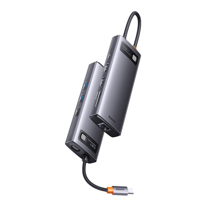 Baseus Metal Gleam Series 9 az 1-ben hub, USB-C - 2x USB 3.0 + 2x HDMI + USB 2.0 + USB-C PD + Ethernet RJ45 + microSD/SD