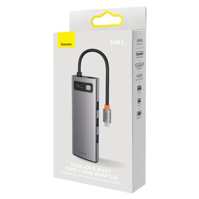 Baseus StarJoy HUB 8 port, USB-C - 3x USB-A / HDMI / RJ45 / SD/TF / USB-C PD szürke